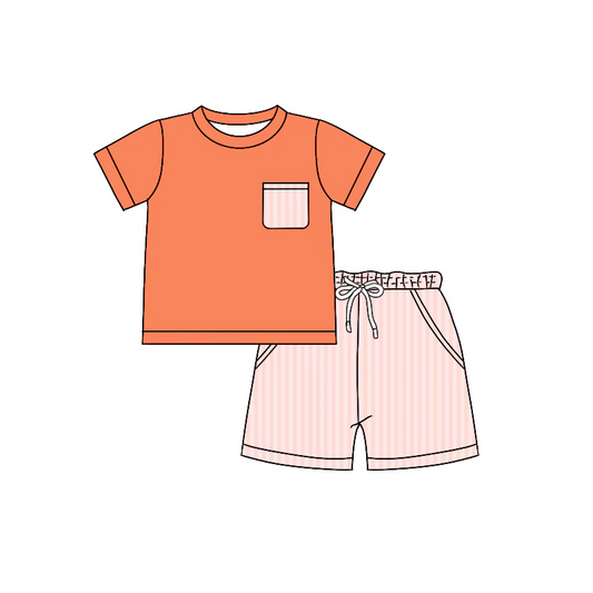 Custom Baby Boys Peach Short Sleeves Pocket Top Stripe Short Set D 4.18