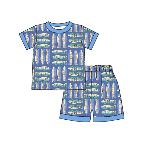 Custom Baby Boys Lavender Short Sleeves Fishing Top Short Pajamas Set D 4.18