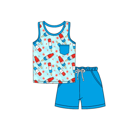 Custom Baby Boys Blue Sleeveless Popsicle Stars Pocket Top Short 4th Of July Set D 4.18