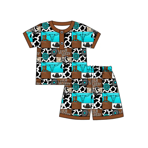 Custom Baby Boys Brown Short Sleeves Boots Cactus Button Top Short Pajamas Set D 4.18