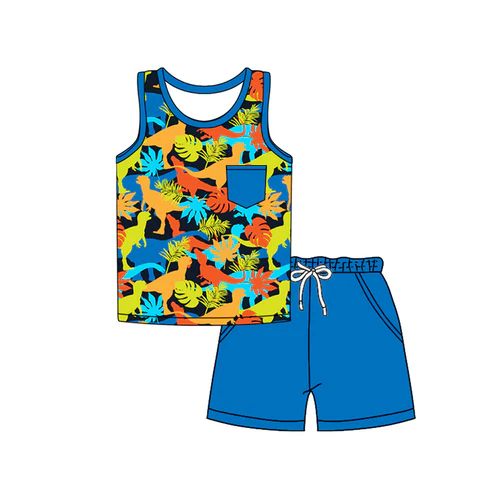 Custom Baby Boys Blue Sleeveless Colorful Dinosaurs Pocket Top Short SetD 4.18
