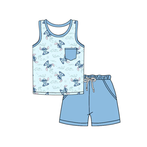 Custom Baby Boys Blue Sleeveless Cartoon Bunny Pocket Top Short Set D 4.18