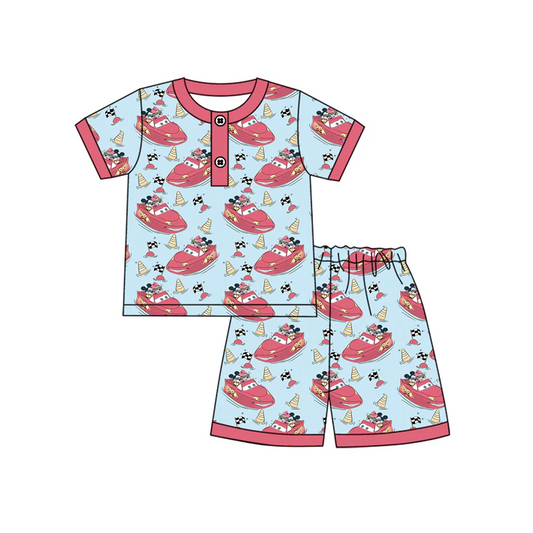 Custom Baby Boys Short Sleeves Cartoon Cars Flags Button Top Short Pajamas Set D 4.19