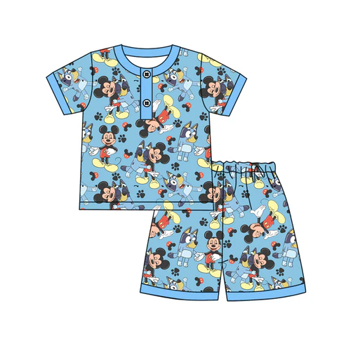 Custom Baby Boys Blue Short Sleeves Cartoon Mouse Dogs Button Top Short Pajamas Set D 4.19