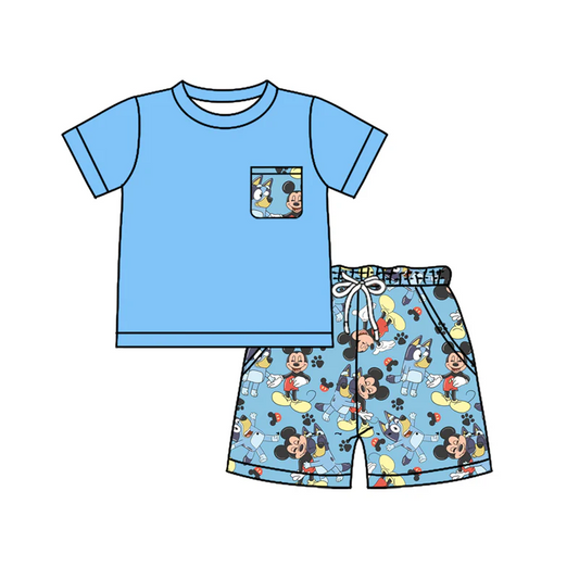 Custom Baby Boys Blue Short Sleeves Pocket Top Cartoon Mouse Dogs Short SetD 4.19