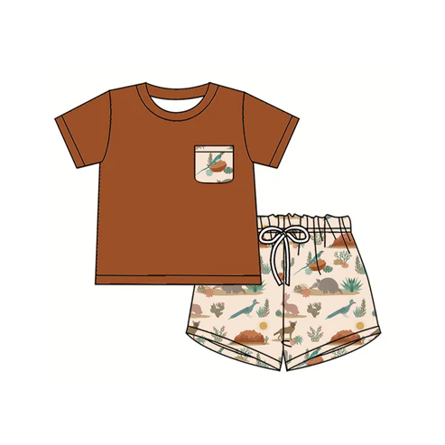 Custom Baby Boys Brown Short Sleeves Pocket Top Animals Cactus Short Set D 4.19