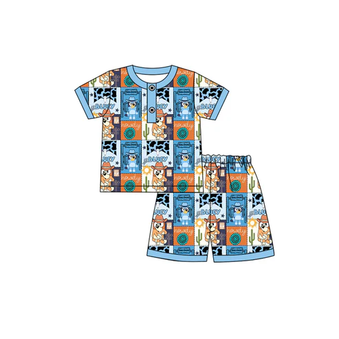 Custom Baby Boys Blue Short Sleeves Cartoon Dogs Cactus Button Top Shorts Pajamas Set D 4.19