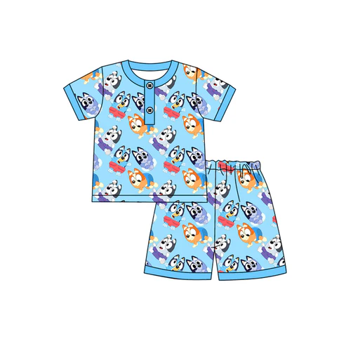 Custom Baby Boys Blue Short Sleeves Cartoon Dogs Button Top Shorts Pajamas Set D 4.19