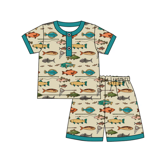 Custom Baby Boys Short Sleeves Fishing Button Top Shorts Pajamas Set D 4.19