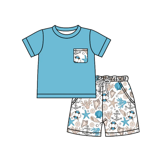 Custom Baby Boys Blue Short Sleeves Pocket Top Sea World Shorts Set D 4.19