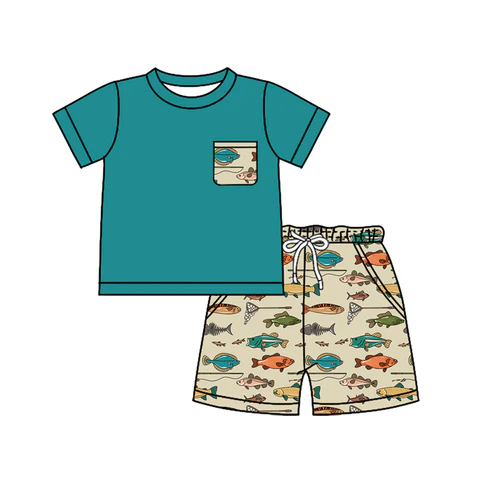 Custom Baby Boys Green Short Sleeves Pocket Top Fishing Shorts Set D 4.19
