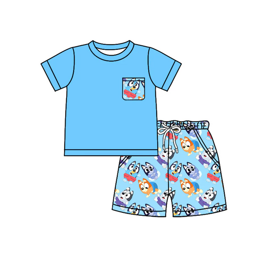Custom Baby Boys Blue Short Sleeves Pocket Top Cartoon Dogs Shorts Set D 4.19
