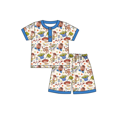Custom Baby Boys Short Sleeves Cartoon Men Button Top Shorts Pajamas Set D 4.19