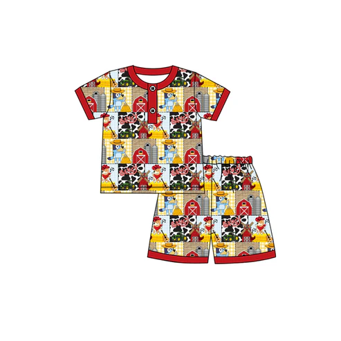 Custom Baby Boys Short Sleeves Cartoon Dogs House Button Top Shorts Farm Pajamas SetD 4.19