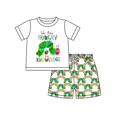 Custom Baby Boys Short Sleeves Caterpillar Top Rainbows Pockets Shorts Set D 4.19