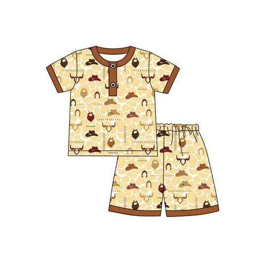 Custom Baby Boys Khaki Short Sleeves Hats Bull Skull Button Top Shorts Pajamas Set D 4.19