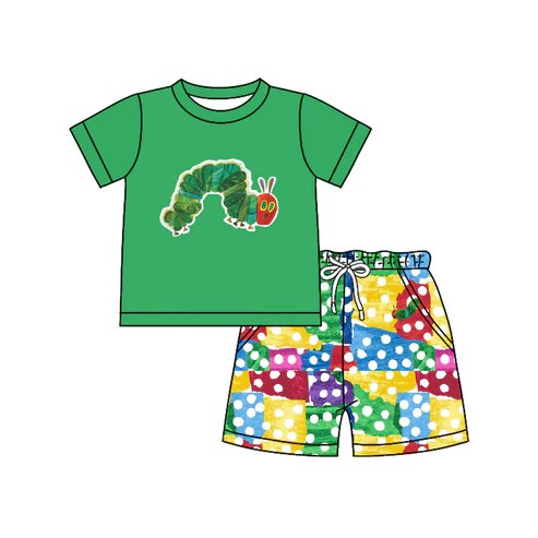 Custom Baby Boys Green Short Sleeves Caterpillars Top Pockets Shorts Set D 4.19