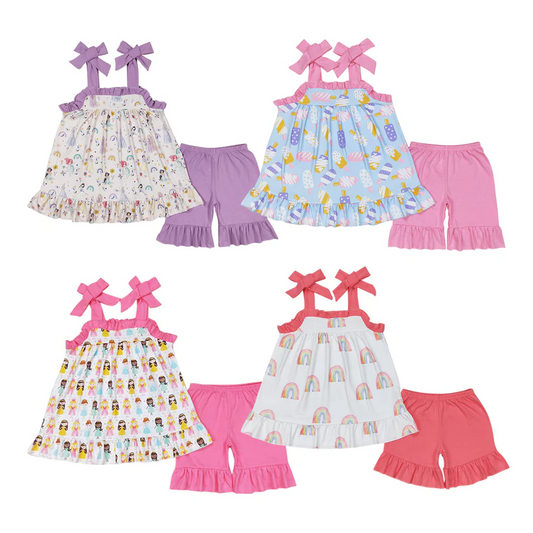 Match Baby Girls Princess Rainbow Straps Tunic Top Ruffle Shorts Clothes Sets D 4.19
