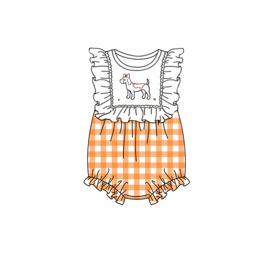 Custom  ruffle dog plaid T baby girls team romper D 4.22
