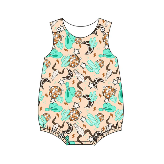 Custom sleeveless cactus bull skull baby western romper D 4.22