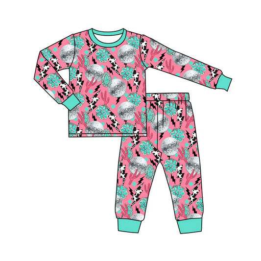 Custom long sleeves turquoise cactus girls western pajamas  D 4.22