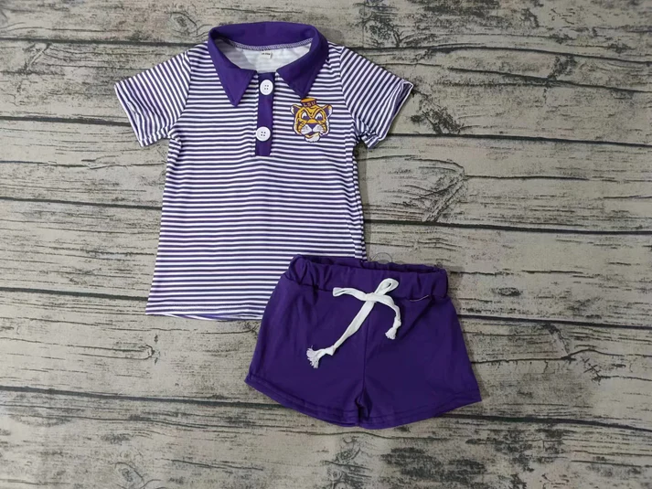 Custom purple stripe tiger kids boys team polo shirt set  D 4.22