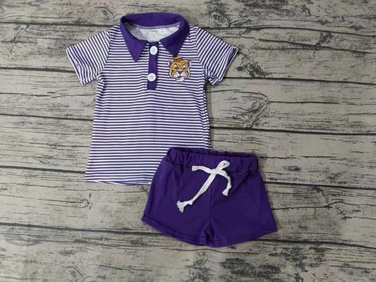 Custom purple stripe tiger kids boys team polo shirt set D 4.22