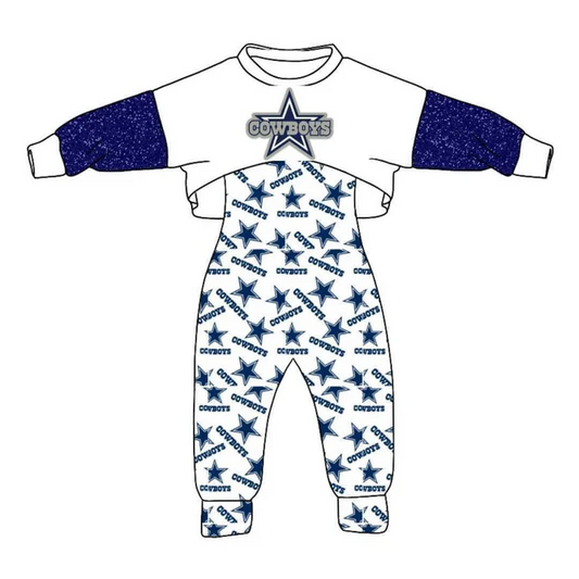 Custom cowboy blue white jumpsuit top girls team outfits D 4.23