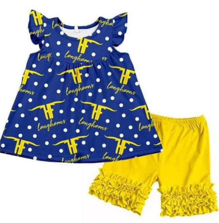 Custom Blue polka dots tunic shorts girls team outfits D 4.23