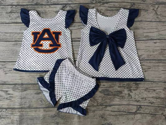 Custom navy polka dots A U top shorts girls team clothes D 4.24