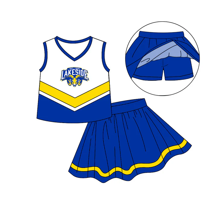 Custom sleeveless yellow blue top skirt girls team outfits D 4.26