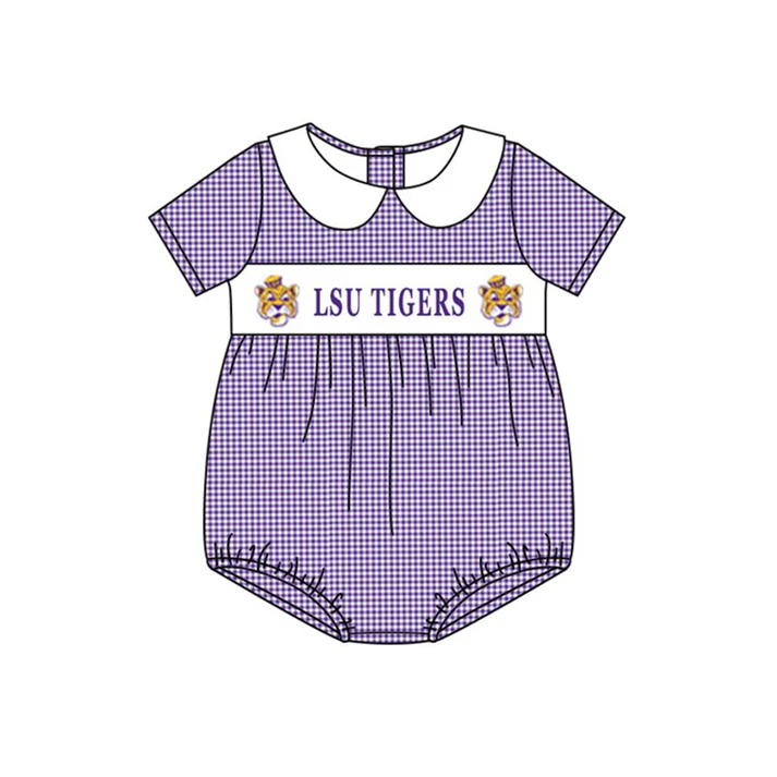 Custom short sleeves purple plaid tiger baby team romper D 4.26