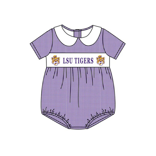 Custom short sleeves purple plaid tiger baby team romper D 4.26