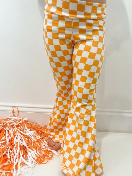 Custom yellow plaid kids girls team bell bottom pants D 4.30