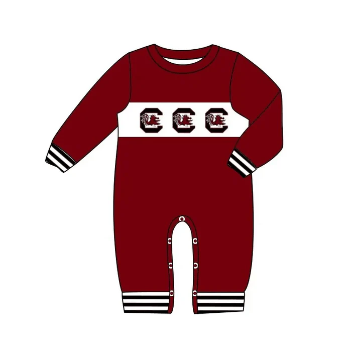Custom Long sleeves maroon stripe baby boy team romper D 4.26