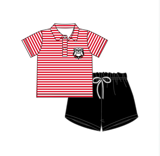 Custom red stripe dog polo shirt black shorts boys team outfits D 4.30