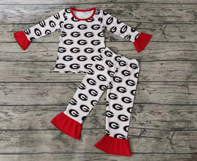 Custom long sleeves red ruffle G dog kids girls team pajamas D 4.30