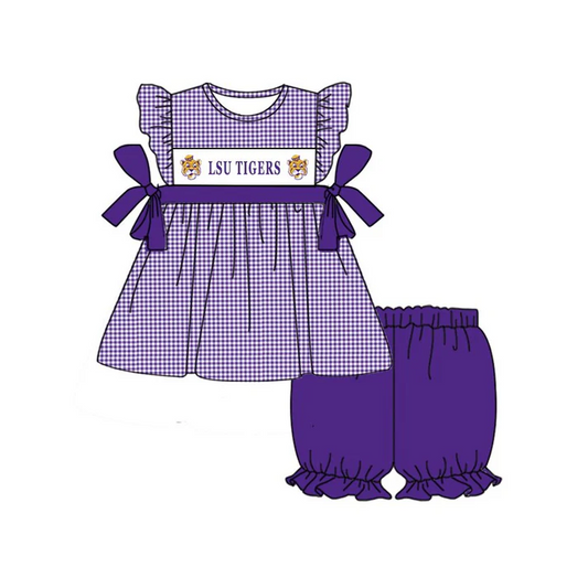 Custom purple plaid tiger tunic shorts girls team outfits D 822