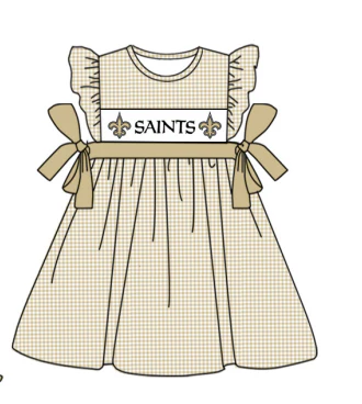 Custom Plaid flutter sleeves bow kids girls team dress D 4.30