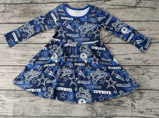 Custom long sleeves blue cowboys baby girls team dress D 4.30