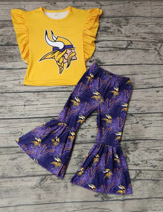 Custom yellow top purple V pants girls team outfits D 4.30