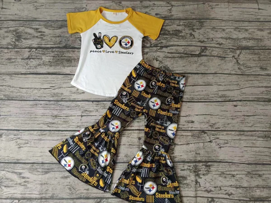 Custom peace love raglan bell bottom pants girls team outfits D 4.30
