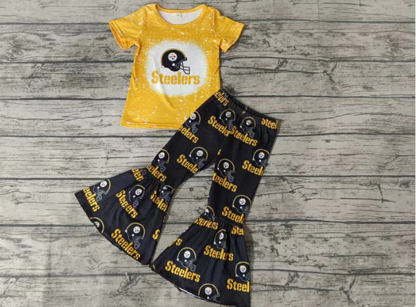 Custom yellow bleached top bell bottom pants girls team outfits