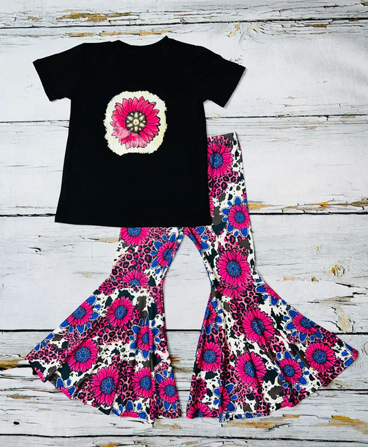 Custom Baby Girls Pink Flowers Western Bell Pants Clothes Sets D 5.7
