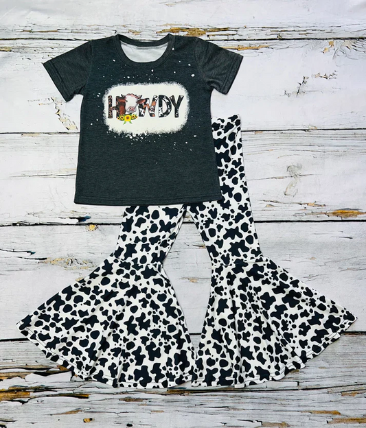 Custom Baby Girls Howdy Cow Print Bell Pants Clothes Sets D 5.7