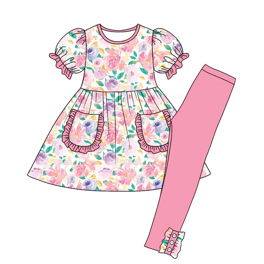 Custom Baby Girls Pink Flowers Pocket Tunic Pants Clothes Sets D 5.7
