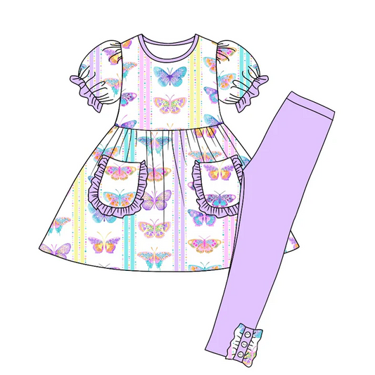 Custom  Baby Girls Colorful Butterfly Pocket Tunic Pants Clothes Sets D 5.7