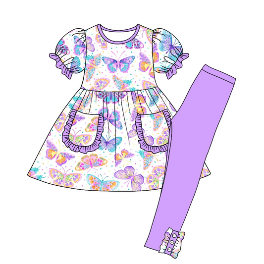 Custom Baby Girls Purple Butterfly Pocket Tunic Pants Clothes Sets D 5.7