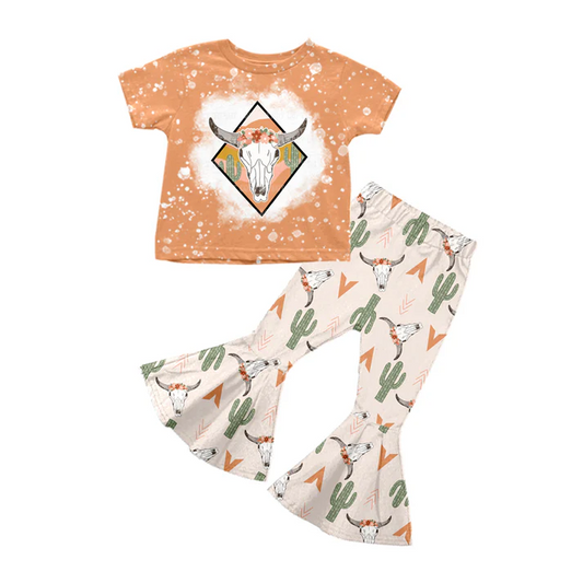 Custom Baby Girls Cow Skull Cactus Bell Pants Clothes Sets D 5.7