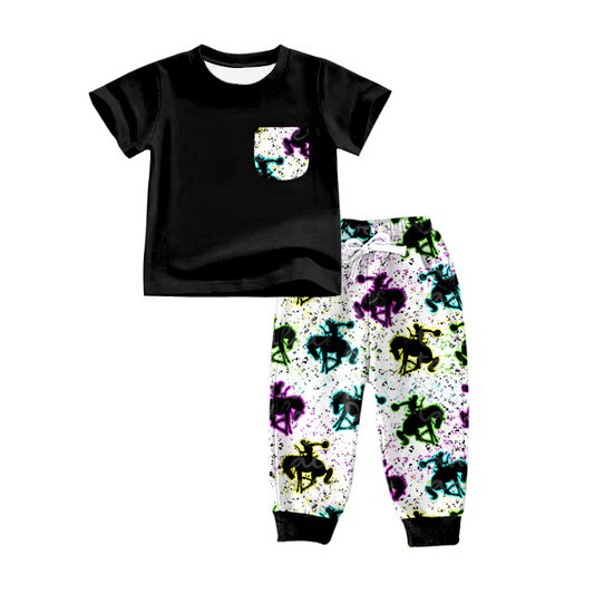 Custom Baby Boys Black Pocket Shirt Horse Pants Clothes Sets D 5.7